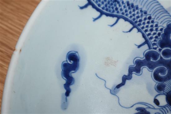 A Chinese blue and white dragon dish, Yongzheng period diameter 28cm